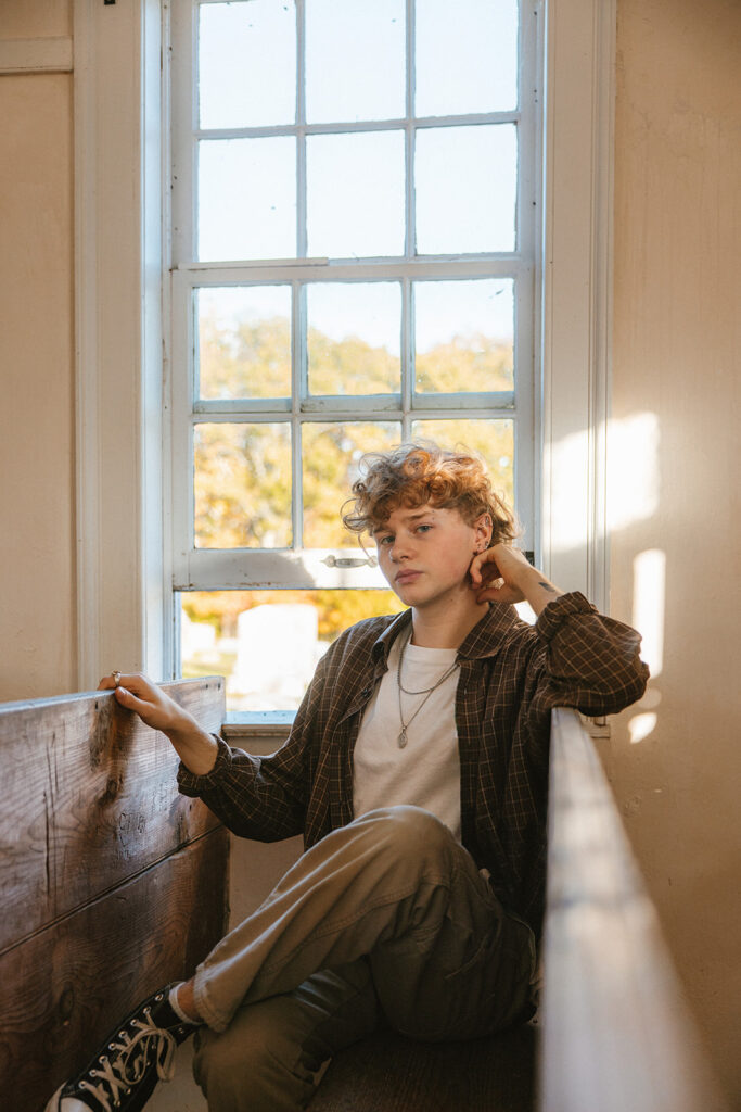 Senior Portrait inside of 1806 Old Log Church in Schellsburg, PA.