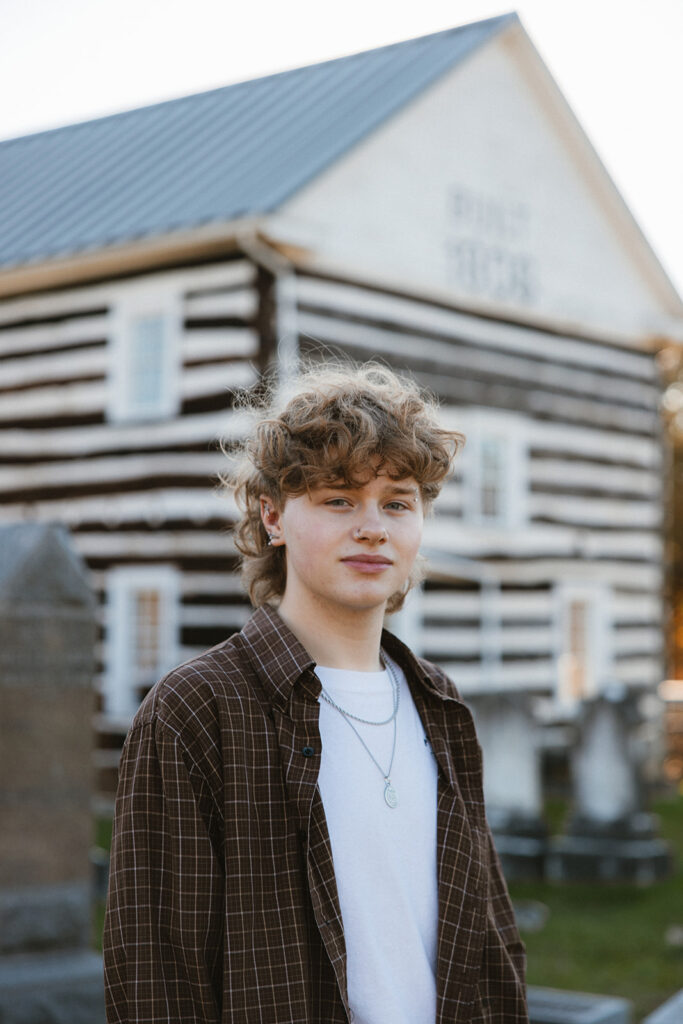 Senior Portrait outside 1806 Old Log Church in Schellsburg, PA.